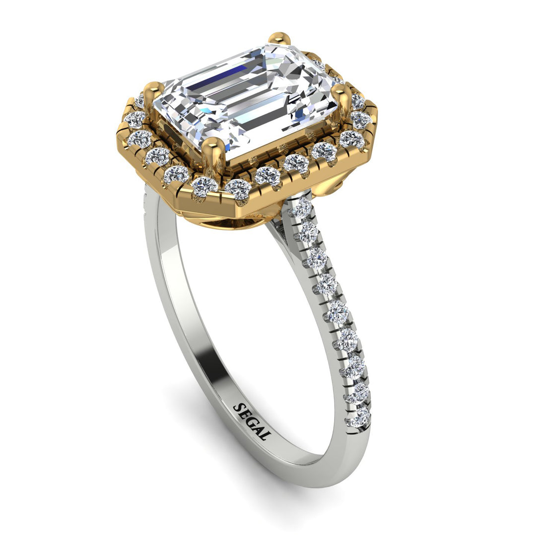 Two Tones Gorgeous Emerald Cut Diamond Pave Engagement Ring With Hidden Stone - Veronica No. 77