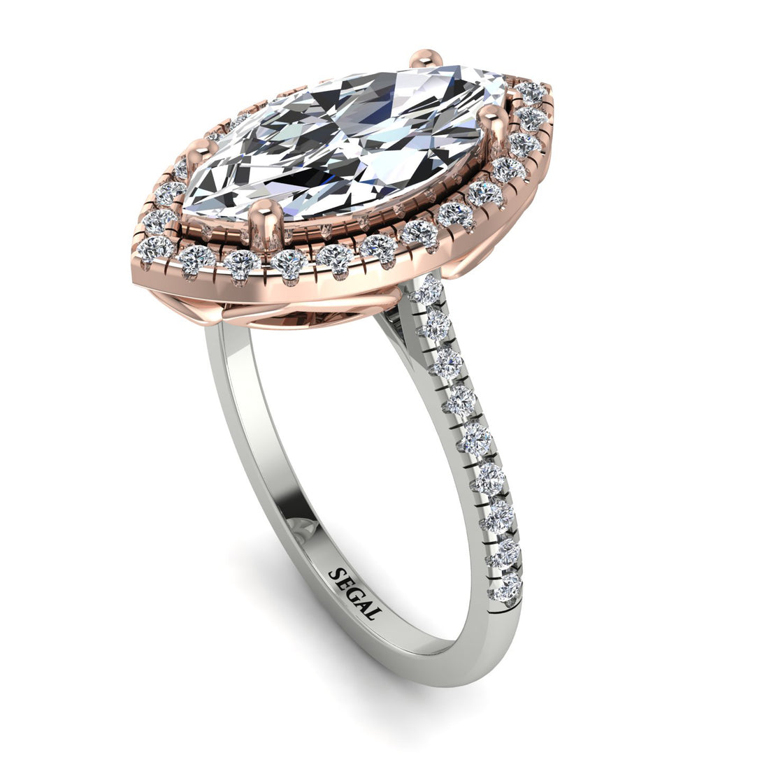Two Tones Gorgeous Marquise Cut Diamond Pave Engagement Ring With Hidden Stone - Miriam No. 78
