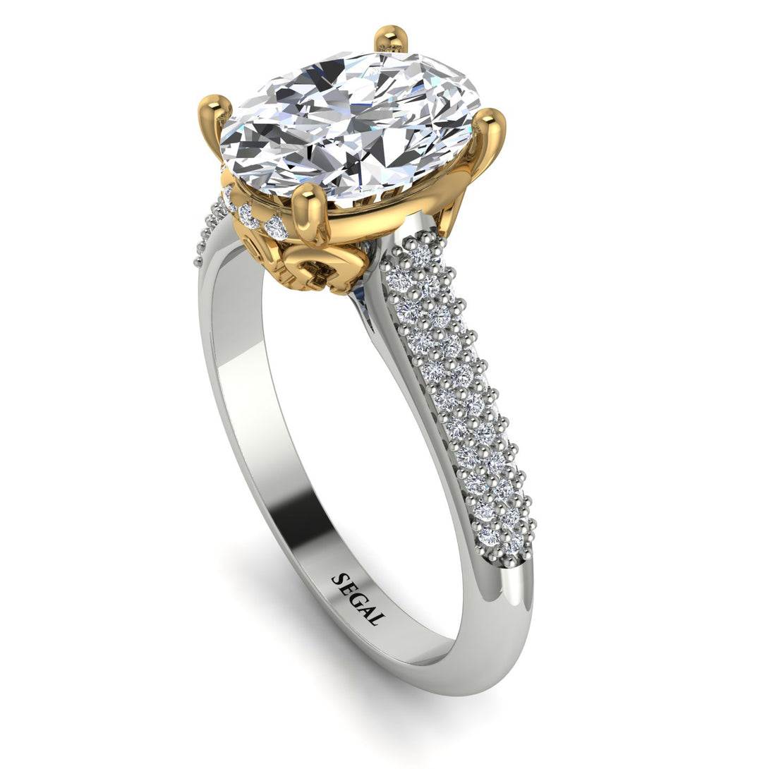 Two Tones Luxury Pave Oval Cut Diamond Engagement Ring With Hidden Stone - Ophelia No. 77