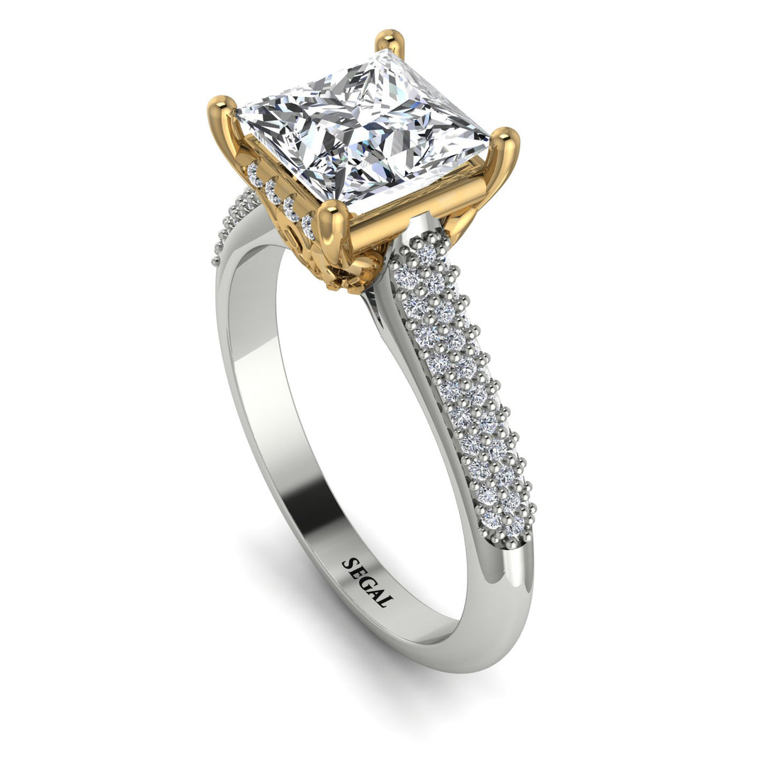 Two Tones Luxury Pave Princess Cut Diamond Engagement Ring With Hidden Stone - Sabrina No. 77