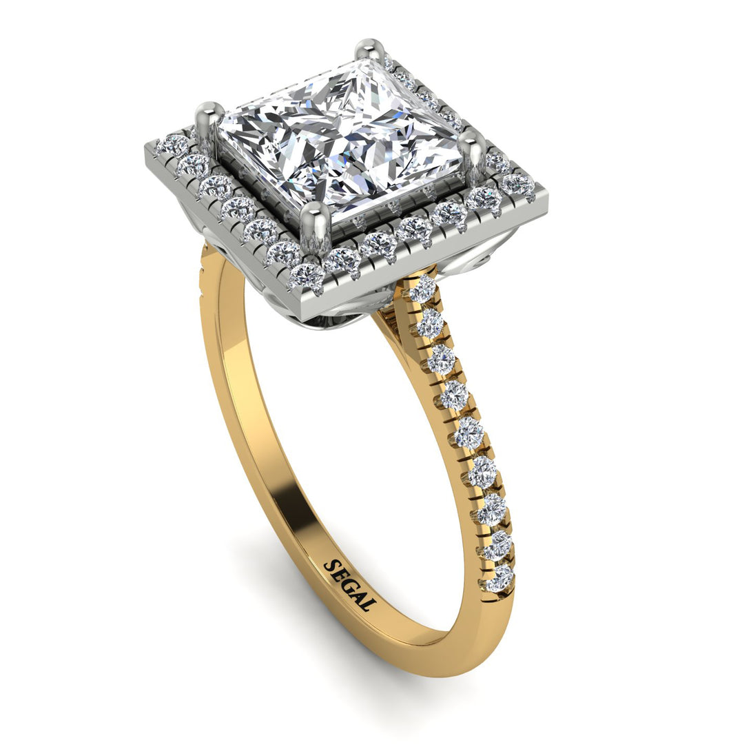 Two Tones Gorgeous Princess Cut Diamond Pave Engagement Ring With Hidden Stone - Margot No. 77