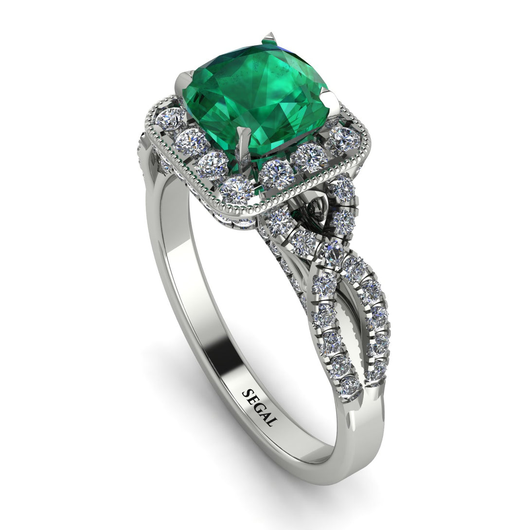 Cushion Cut Emerald Milgrain Engagement Ring - Adelyn No. 6