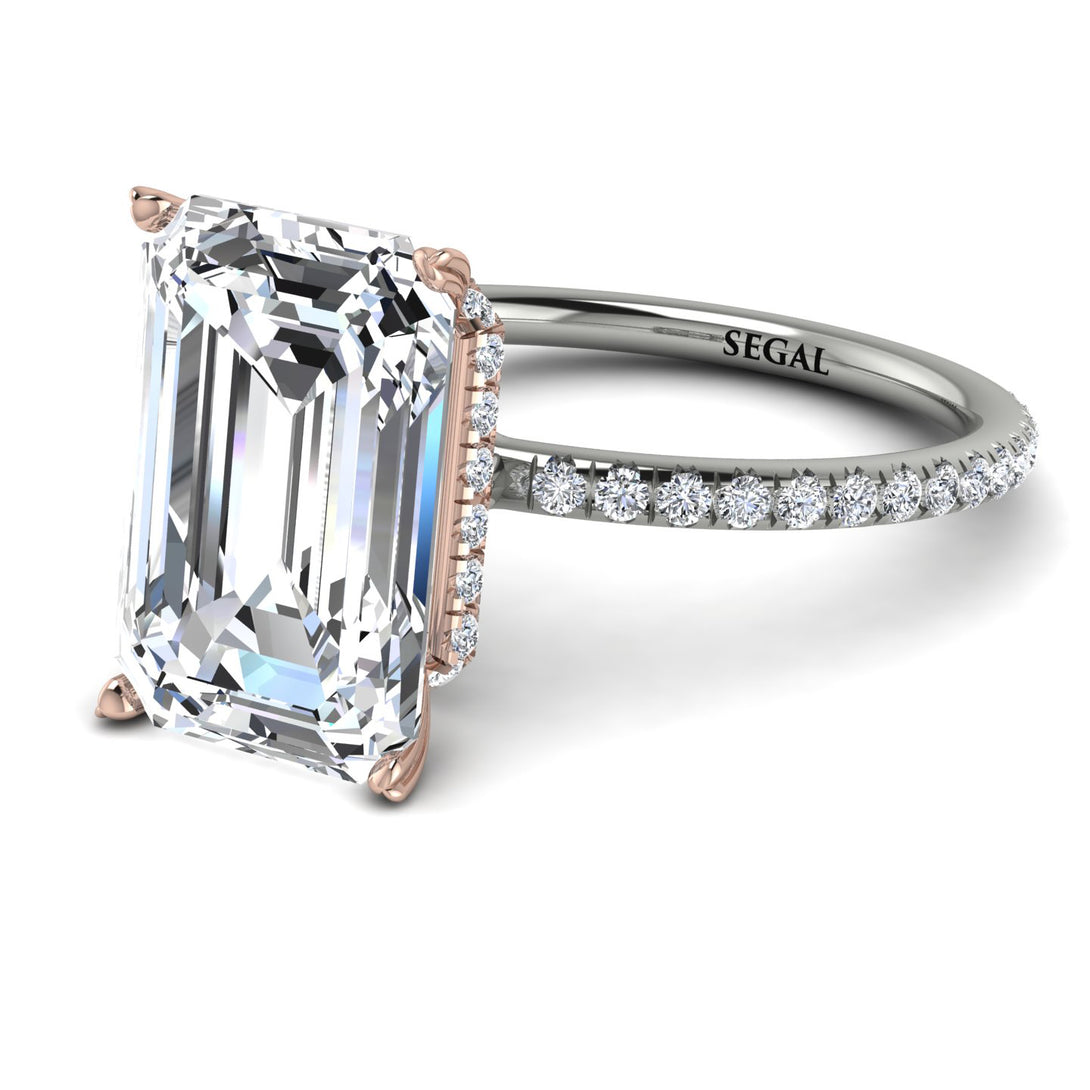 Two Tones Hidden Halo Emerald Cut Diamond Engagement Ring - Melodi No. 78