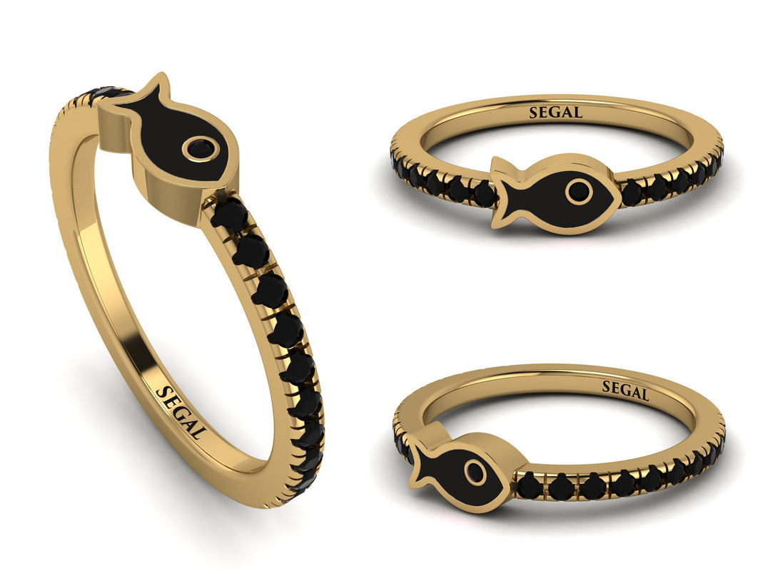 Elegant Enamel Fish Black Diamond Ring - Fish No. 7