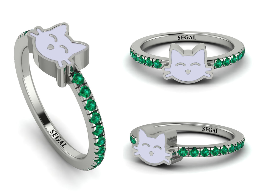 Elegant Enamel Cat Emerald Ring - Cat No. 6