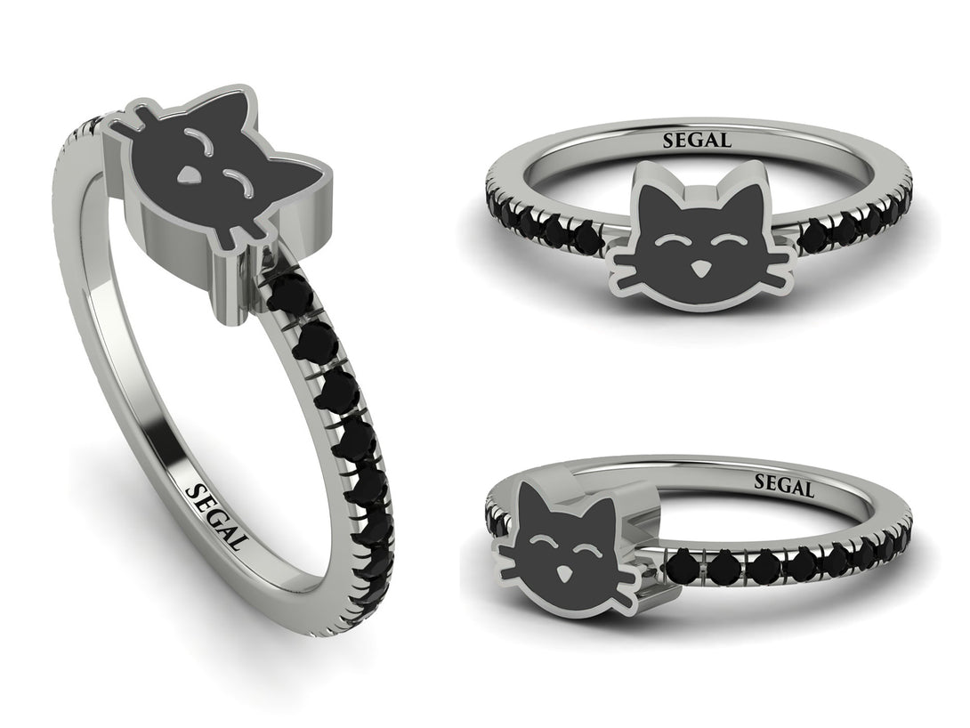 Elegant Enamel Cat Black Diamond Ring - Cat No. 9