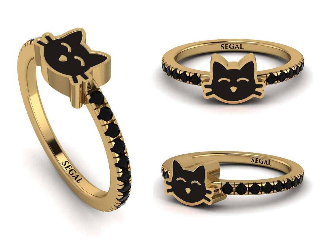 Elegant Enamel Cat Black Diamond Ring - Cat No. 7