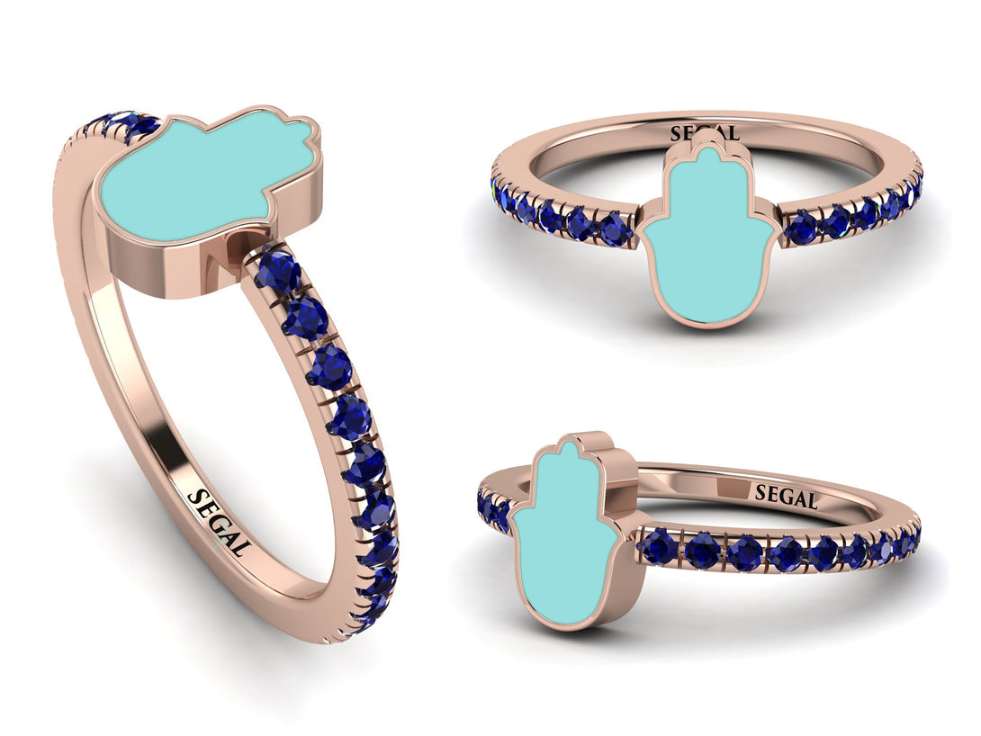 Elegant Enamel Hamsa Sapphire Ring - Hamsa No. 14