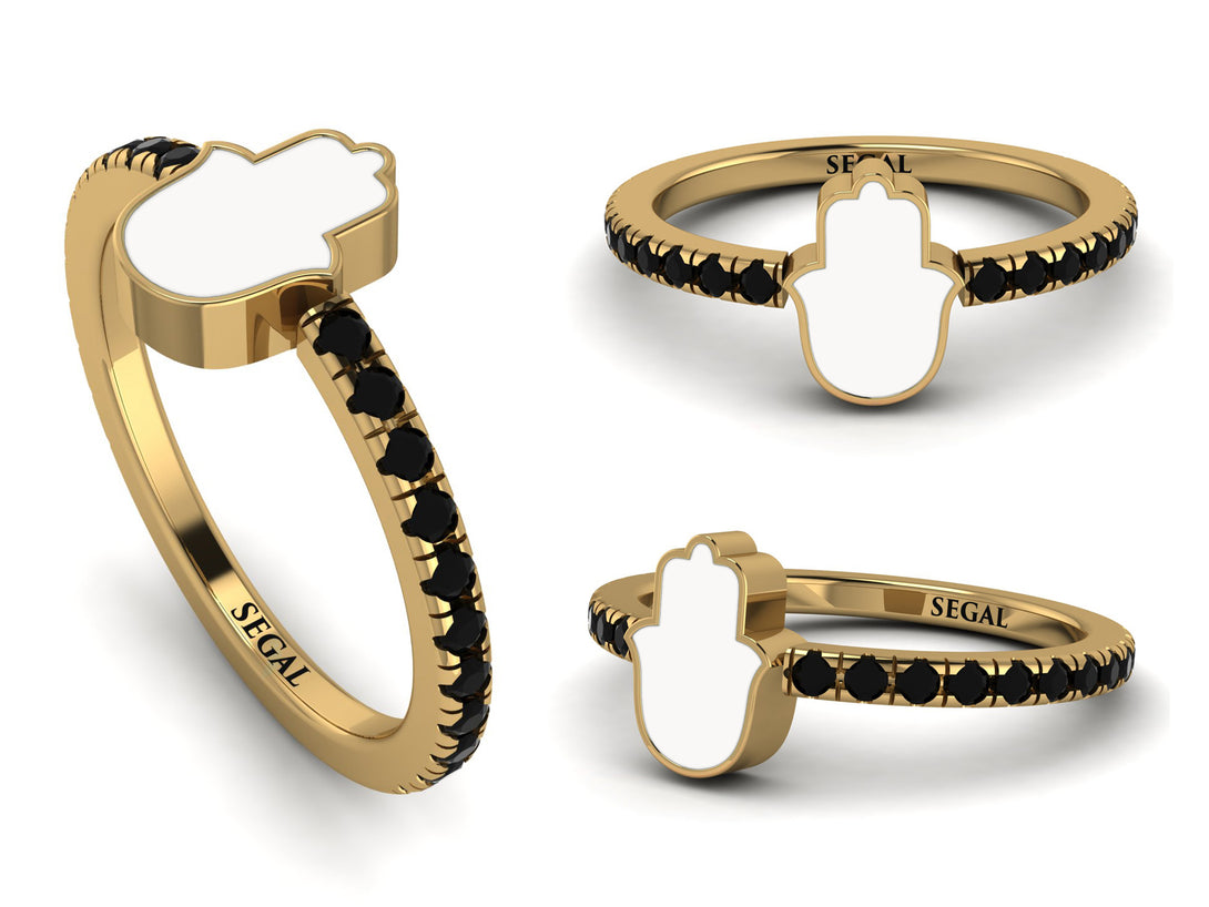 Elegant Enamel Hamsa Black Diamond Ring - Hamsa No. 7