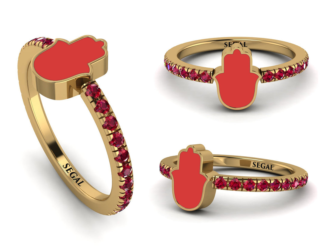 Elegant Enamel Hamsa Ruby Ring - Hamsa No. 10