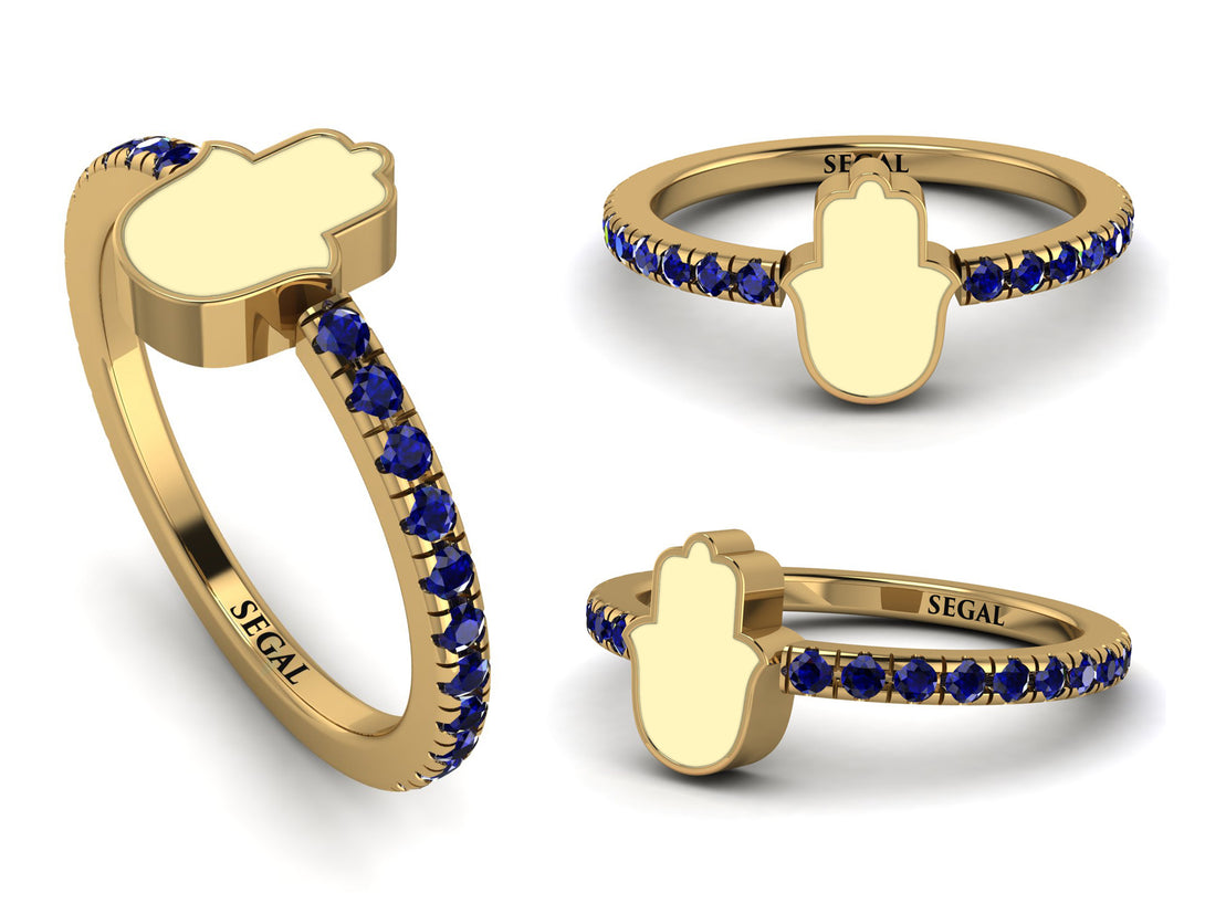 Elegant Enamel Hamsa Sapphire Ring - Hamsa No. 13