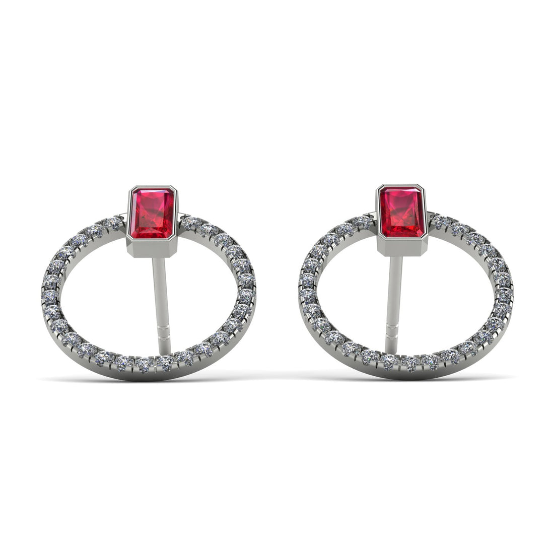 Emerald Cut Circle Ruby Earrings - Oaklyn No. 12