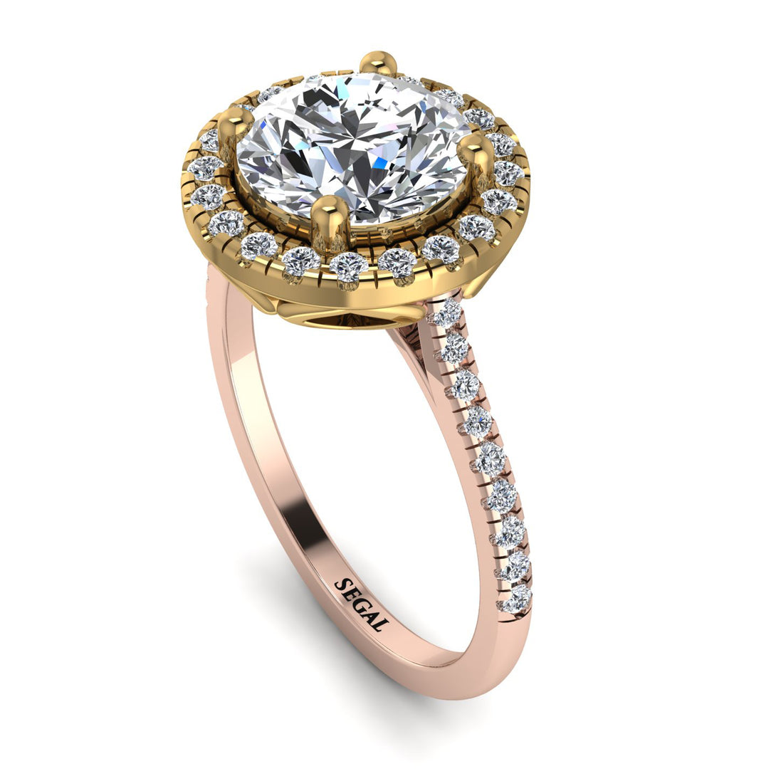 Two Tones Gorgeous Round Cut Diamond Pave Engagement Ring With Hidden Stone - Ellen No. 76