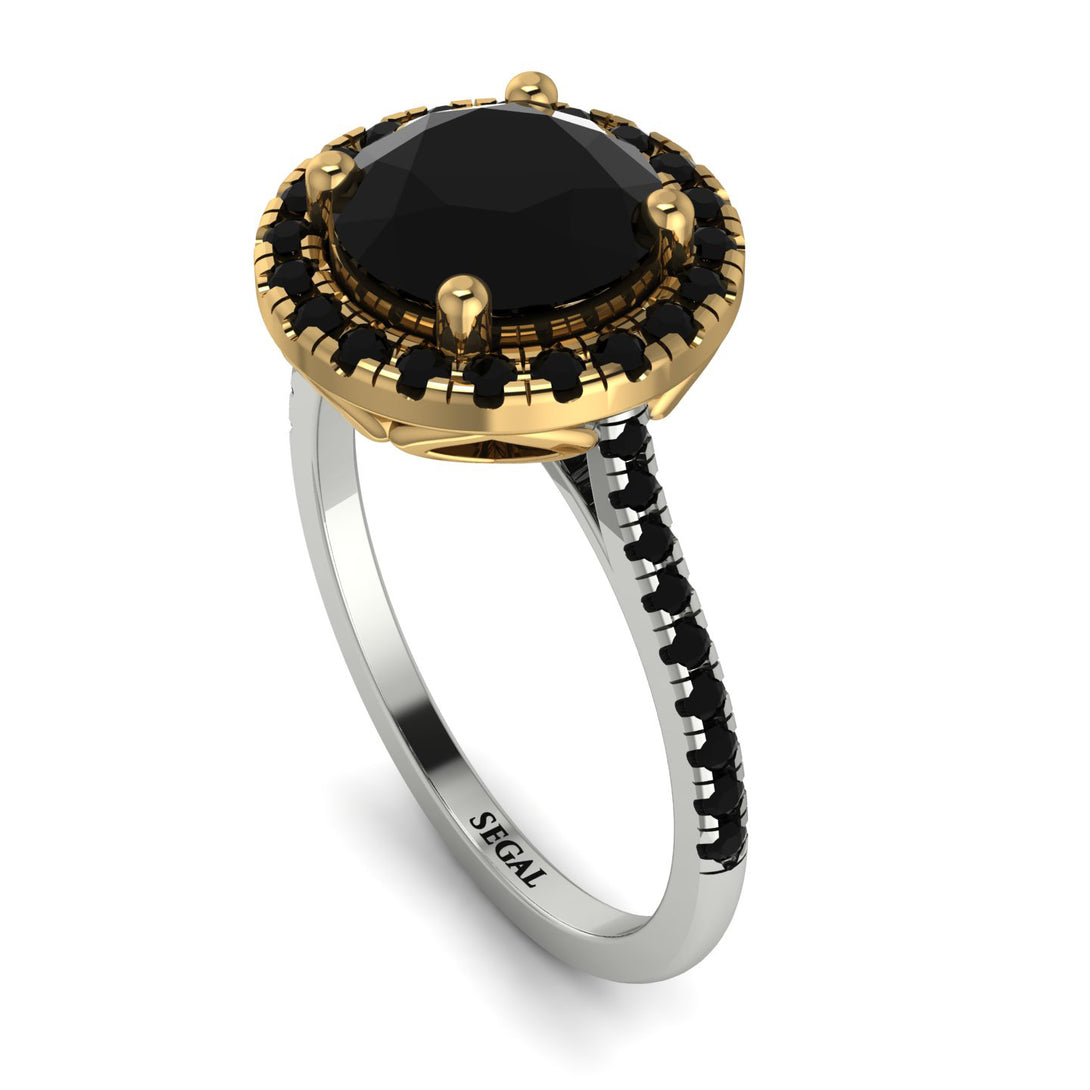 Two Tones Gorgeous Round Cut Black Diamond Pave Engagement Ring With Hidden Stone - Ellen No. 80