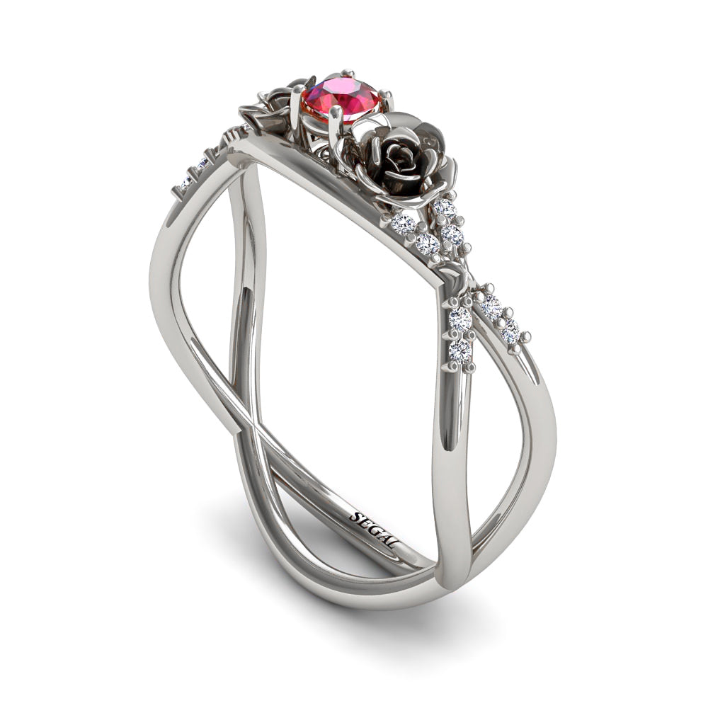 Rose Engagement ring 14K White Gold Thin Elegant Flower Ring Ruby With Diamond - Stella no. 6