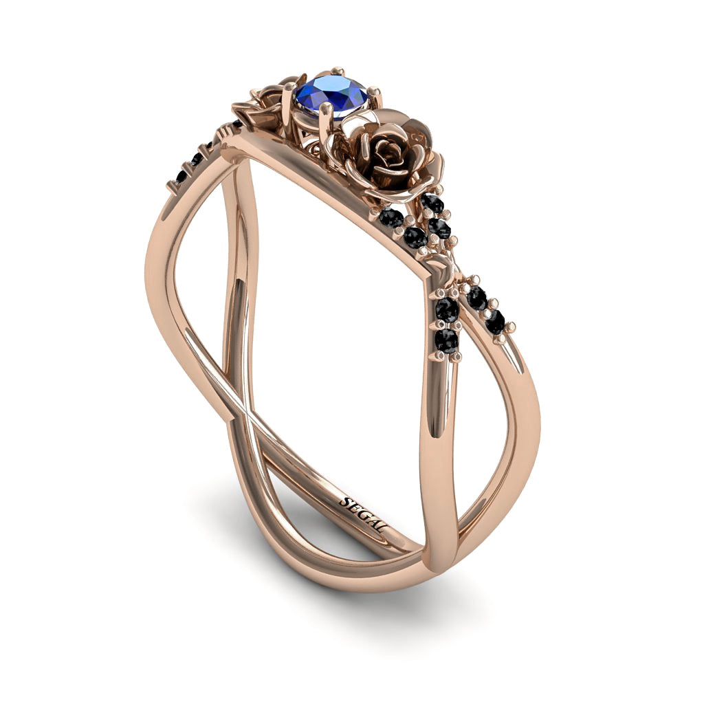Rose Engagement ring 14K Rose Gold Thin Elegant Flower Ring Sapphire - Stella no. 26