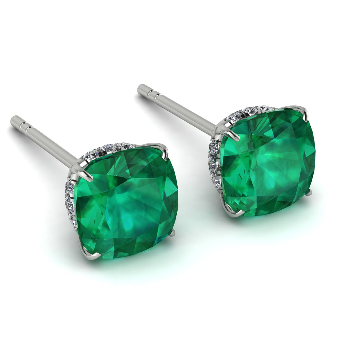 Hidden Halo Cushion Emerald Earrings - Alivia No. 6