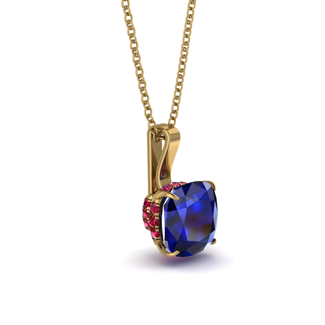 Hidden Halo Cushion Sapphire Necklace - Alivia No. 58