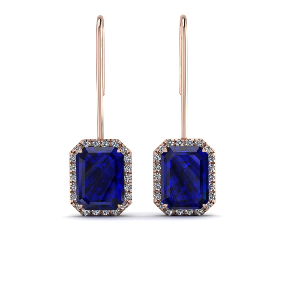 Halo Emerald Cut Sapphire Earrings - Izabella No. 14