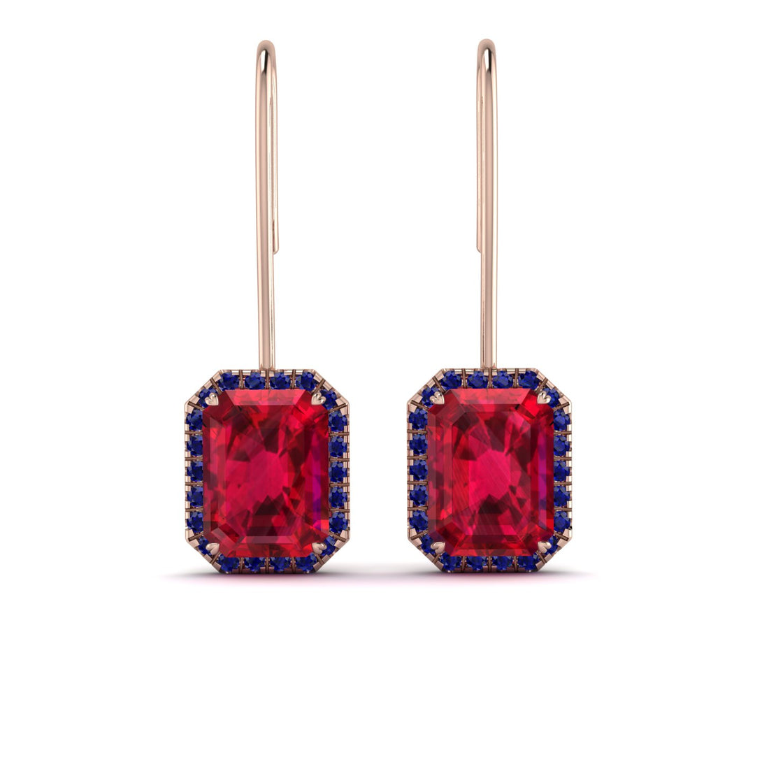 Halo Emerald Cut Ruby Earrings - Izabella No. 71