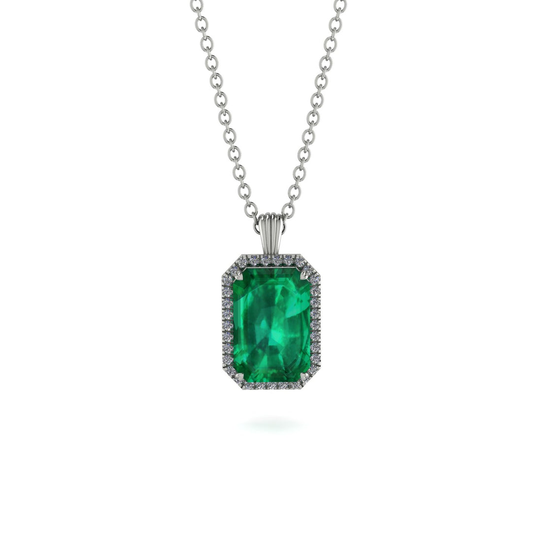 Halo Emerald Cut Emerald Necklace - Izabella No. 6