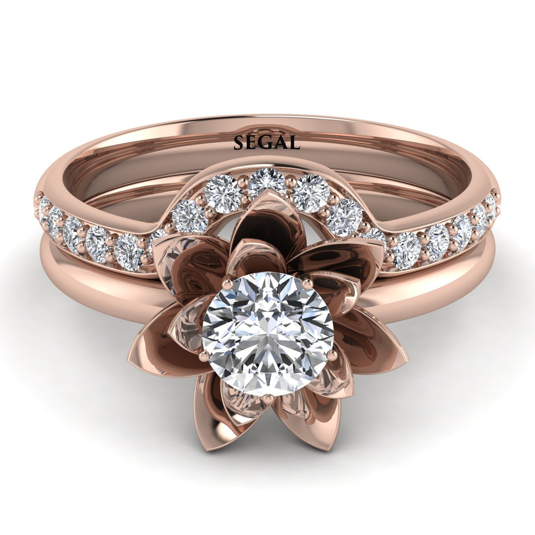 Lotus Rose Gold Solitaire Bridal Set - 1 Carat Round Cut - Lotus no. 23