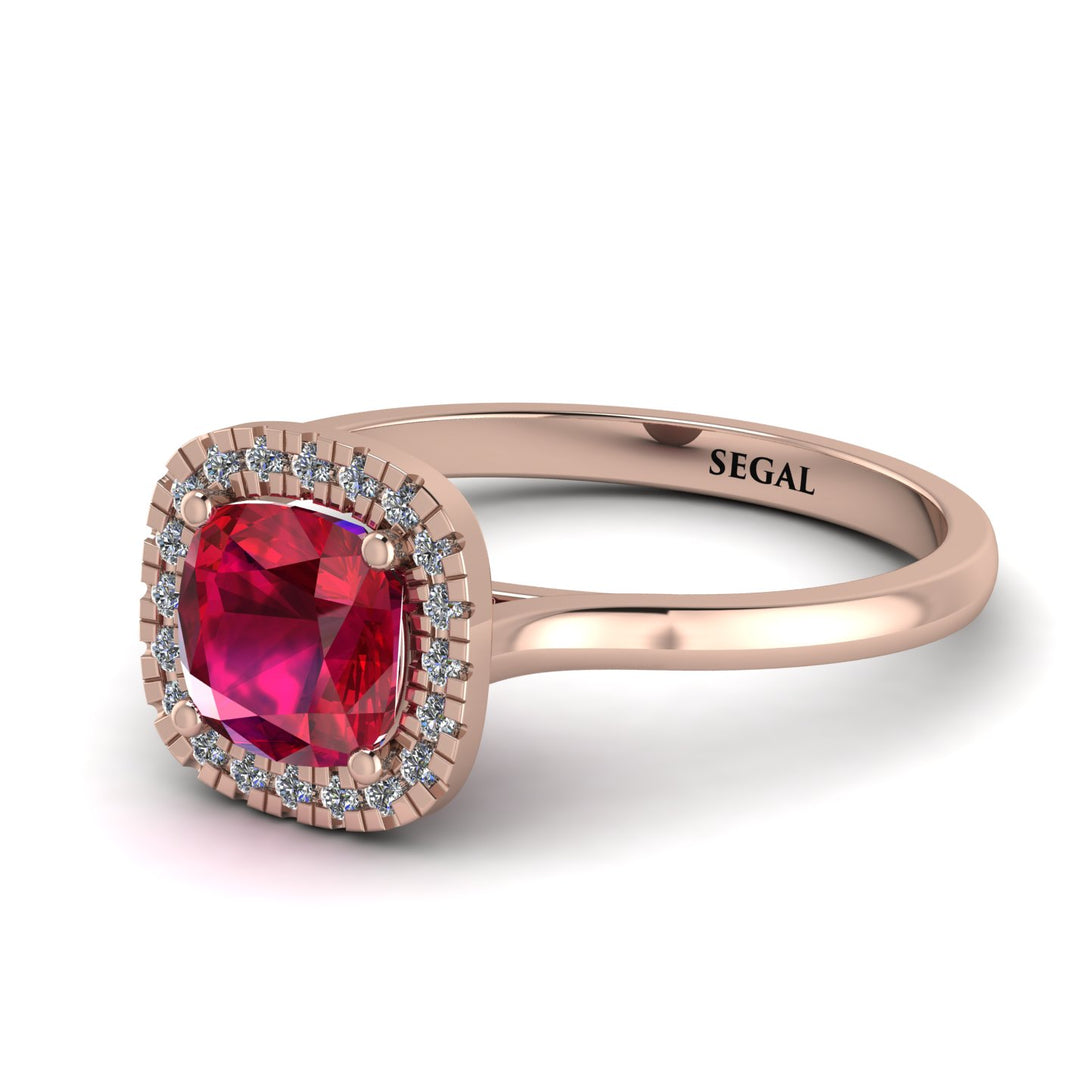 Vintage Classic Halo Cushion Ruby Ring - Skylar No. 11