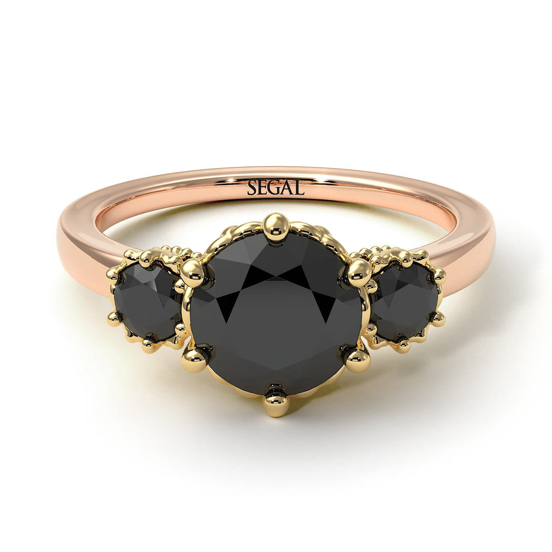 Two Tones Classic 3 Stone Black Diamond Engagement Ring - Sofia No. 79