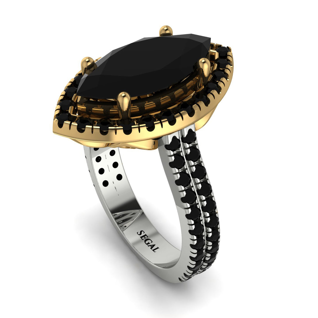 Two Tones Gorgeous Marquise Cut Black Diamond Pave Double Shank Engagement Ring With Hidden Stone - Miriam No. 80