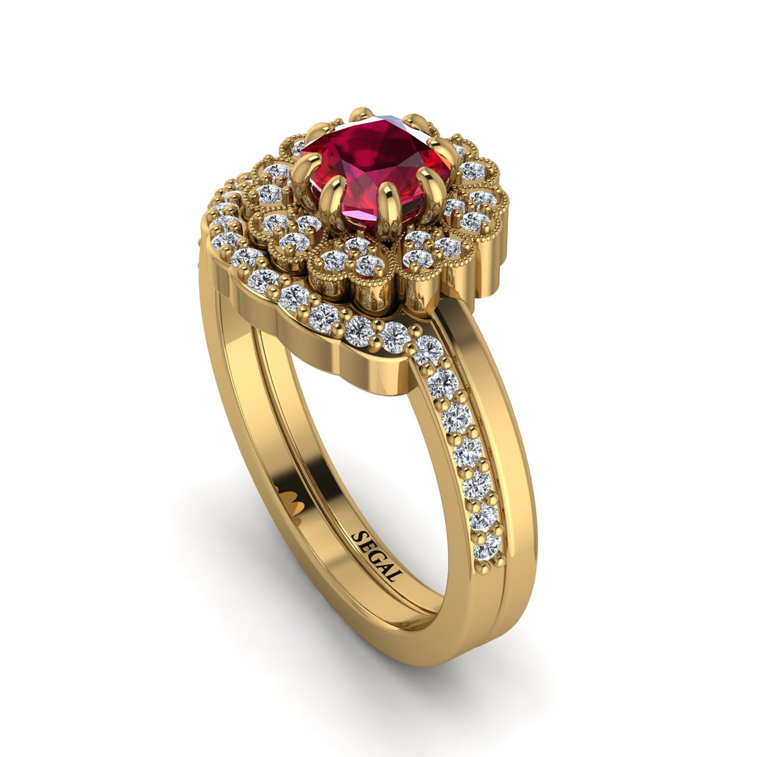 Double Halo Ruby Cushion Bridal Set - Sharon No. 10