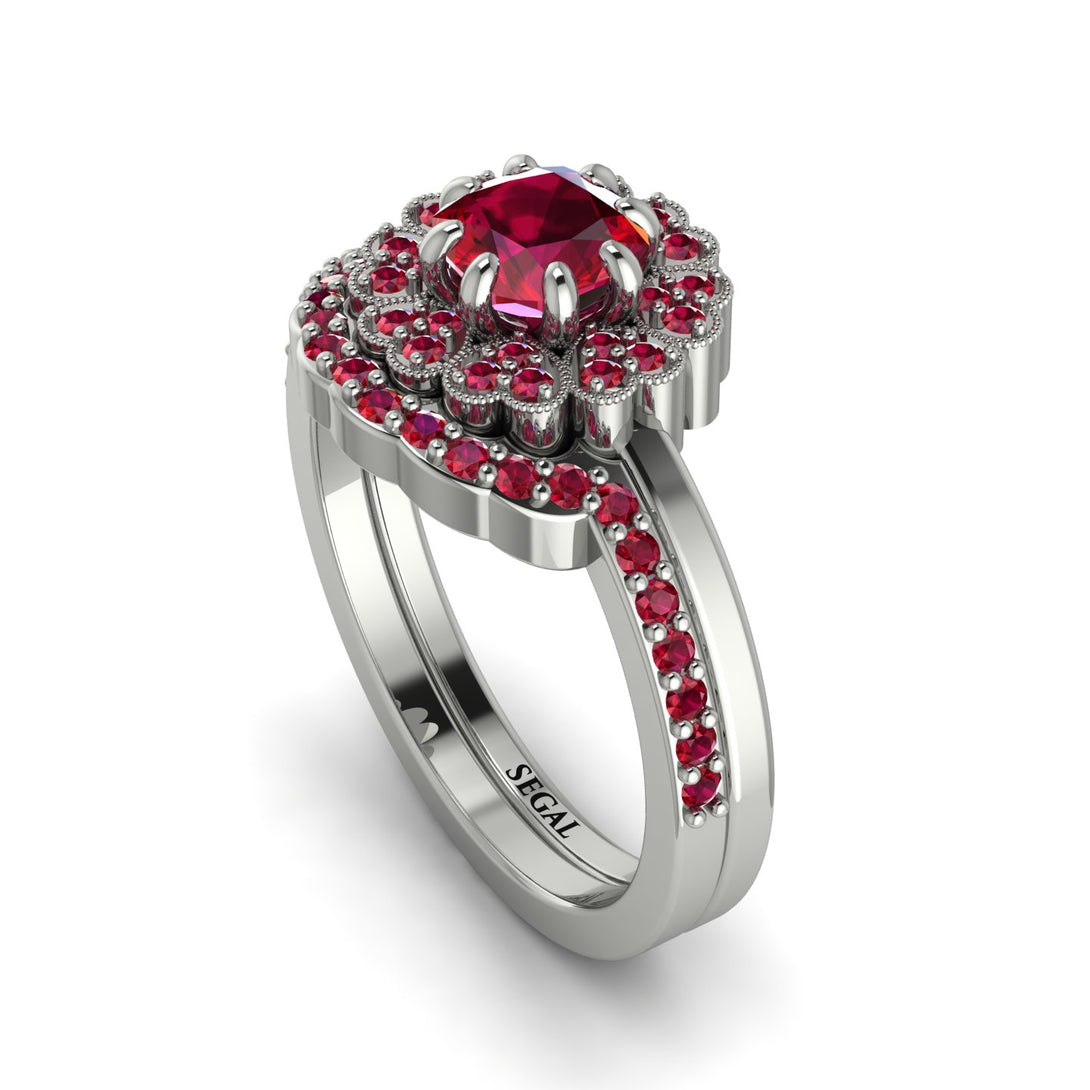 Double Halo Ruby Cushion Bridal Set - Sharon No. 57