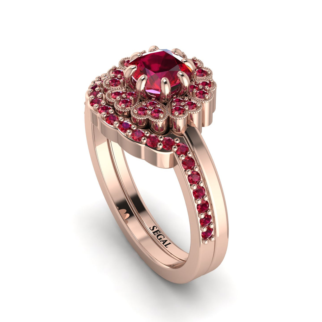 Double Halo Ruby Cushion Bridal Set - Sharon No. 56