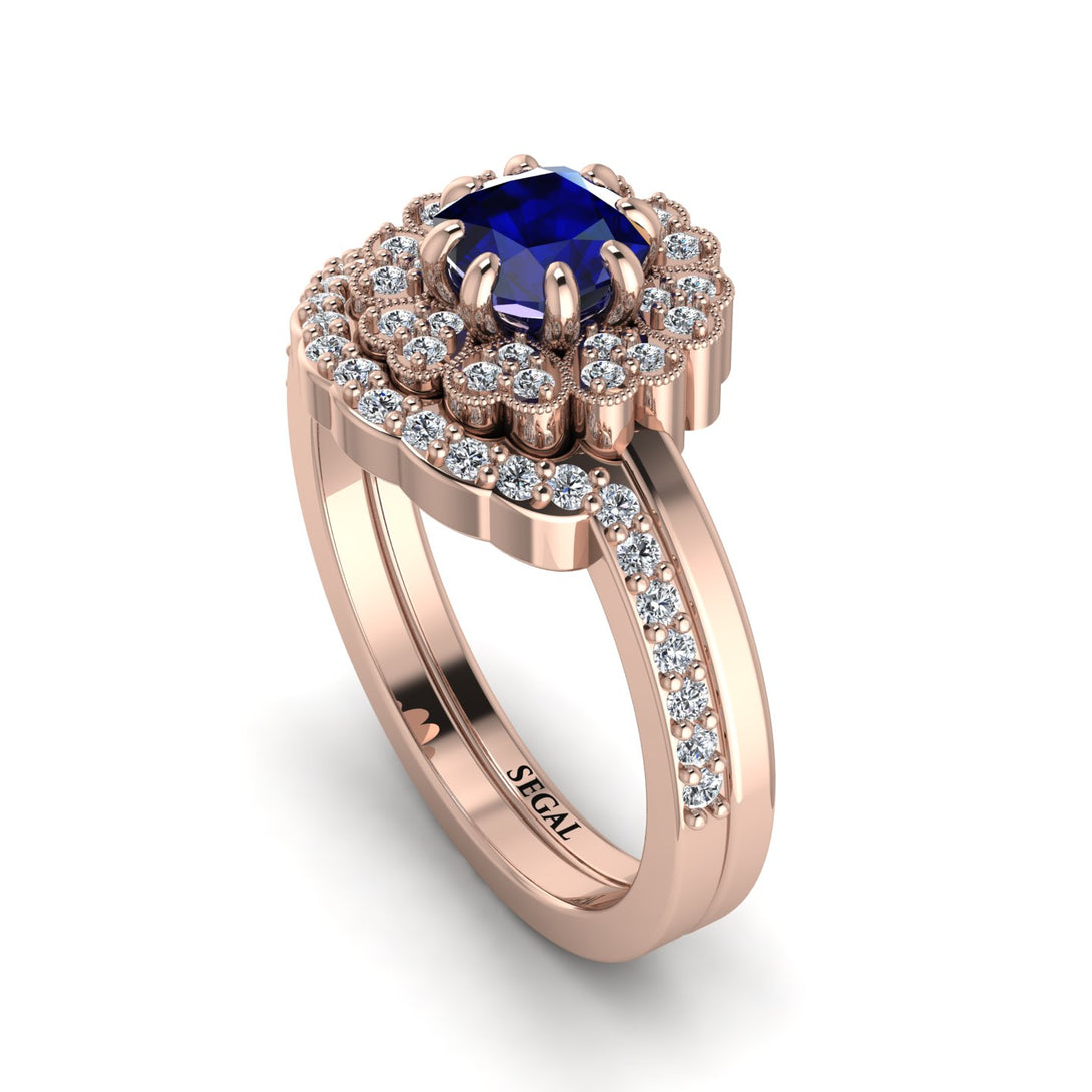 Double Halo Sapphire Cushion Bridal Set - Sharon No. 14