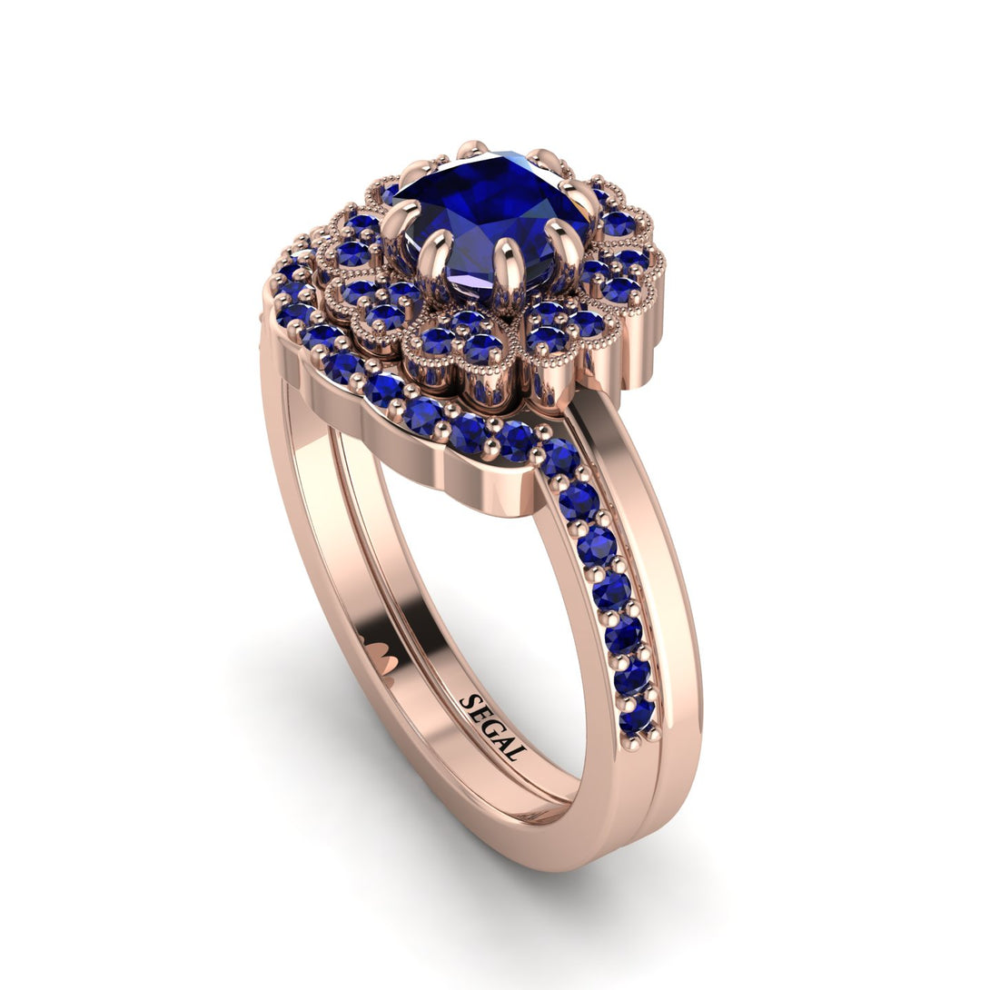 Double Halo Sapphire Cushion Bridal Set - Sharon No. 74