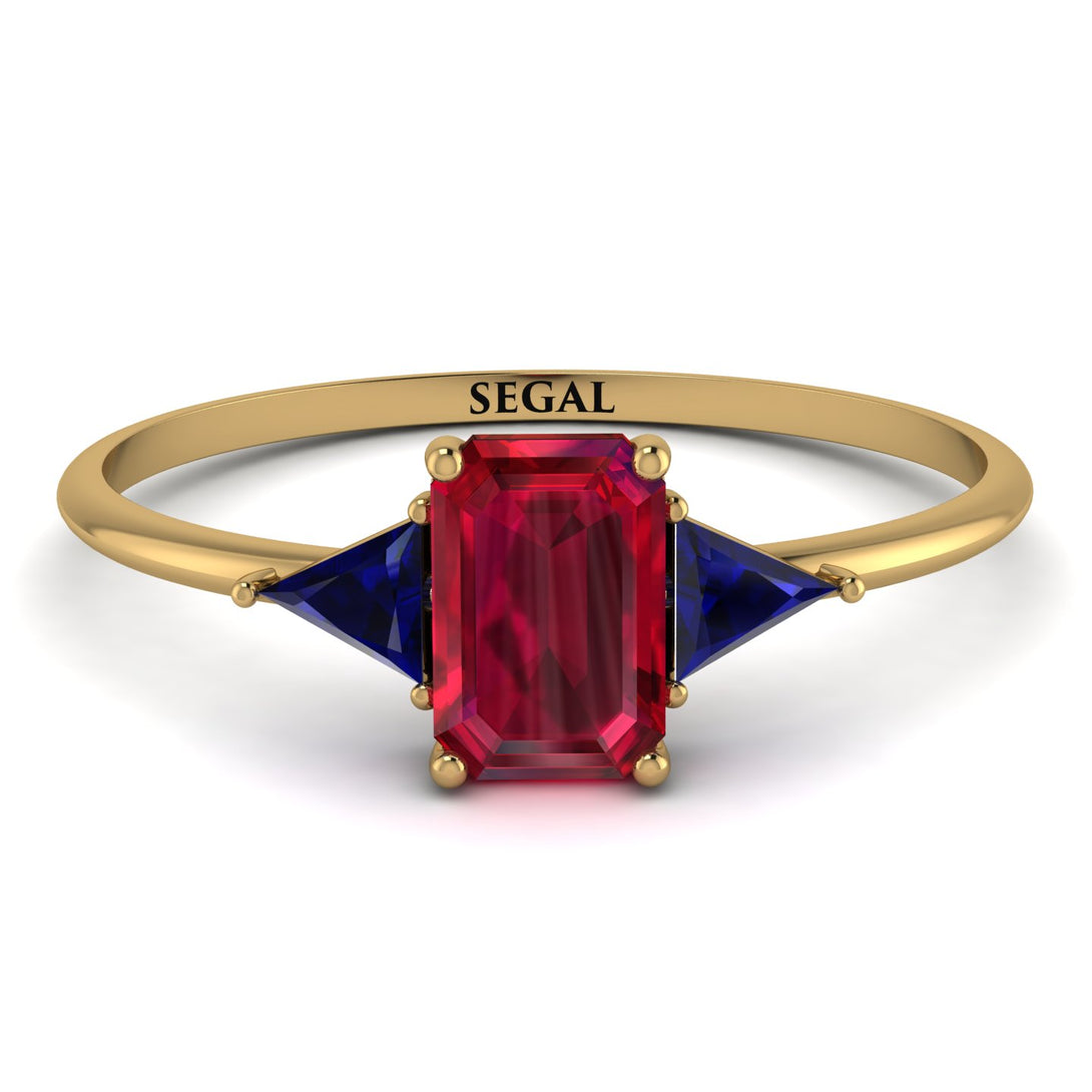 Emerald Cut Ruby With Triangles Ring - Remi No. 70