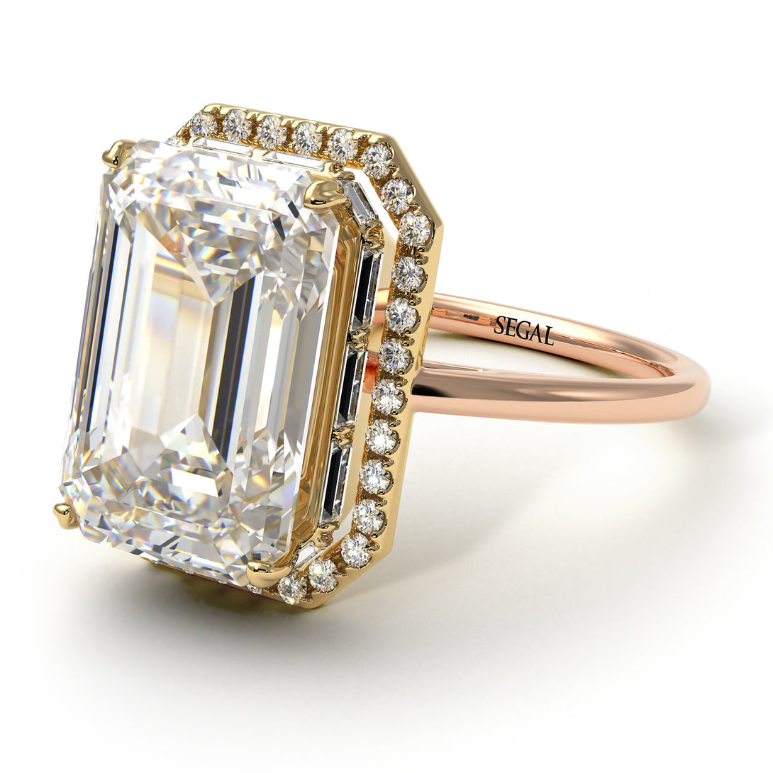 Two Tones Halo Emerald Cut Diamond Ring With Hidden Diamonds - Rowan No. 76