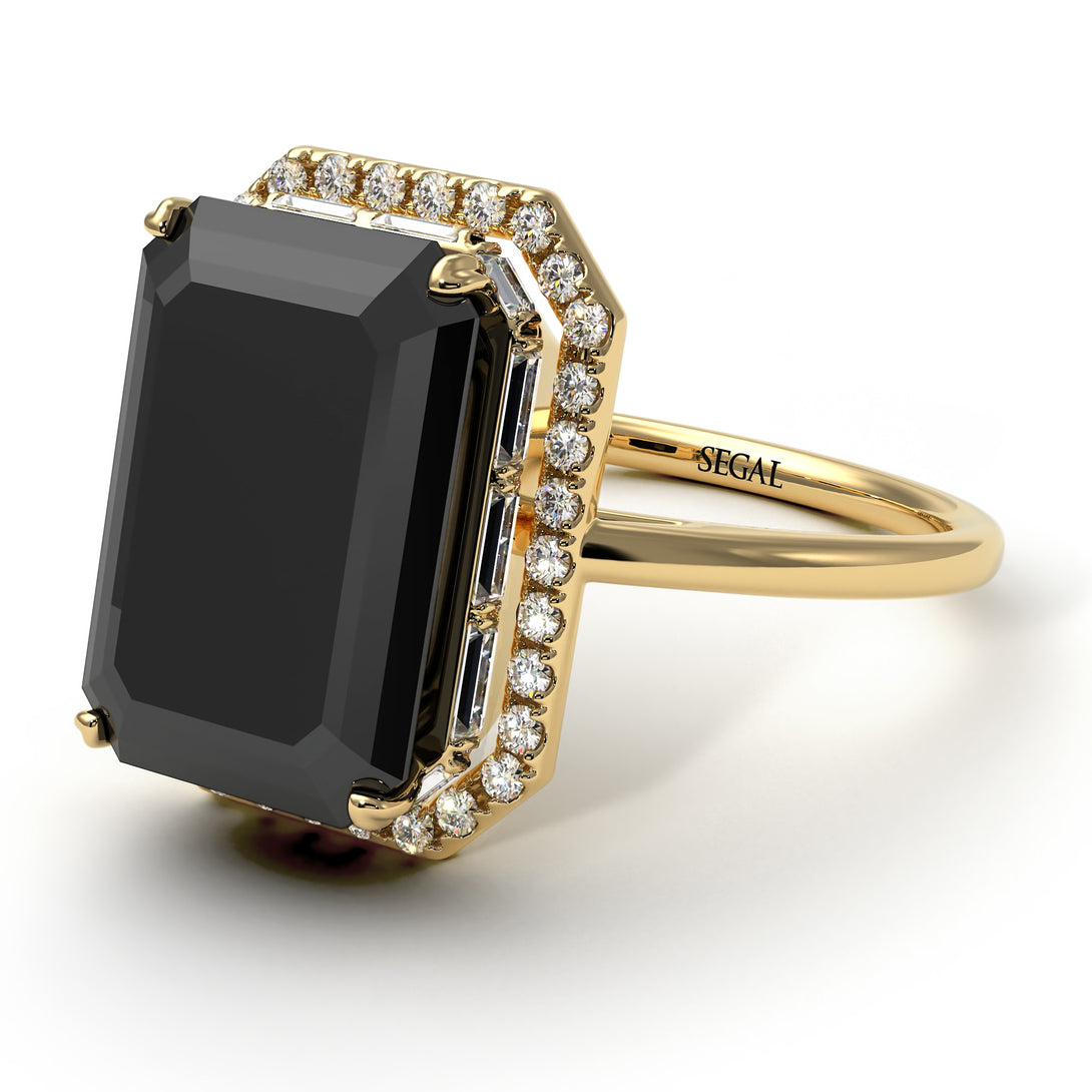 Halo Emerald Cut Black Diamond Ring With Hidden Diamonds - Rowan No. 7