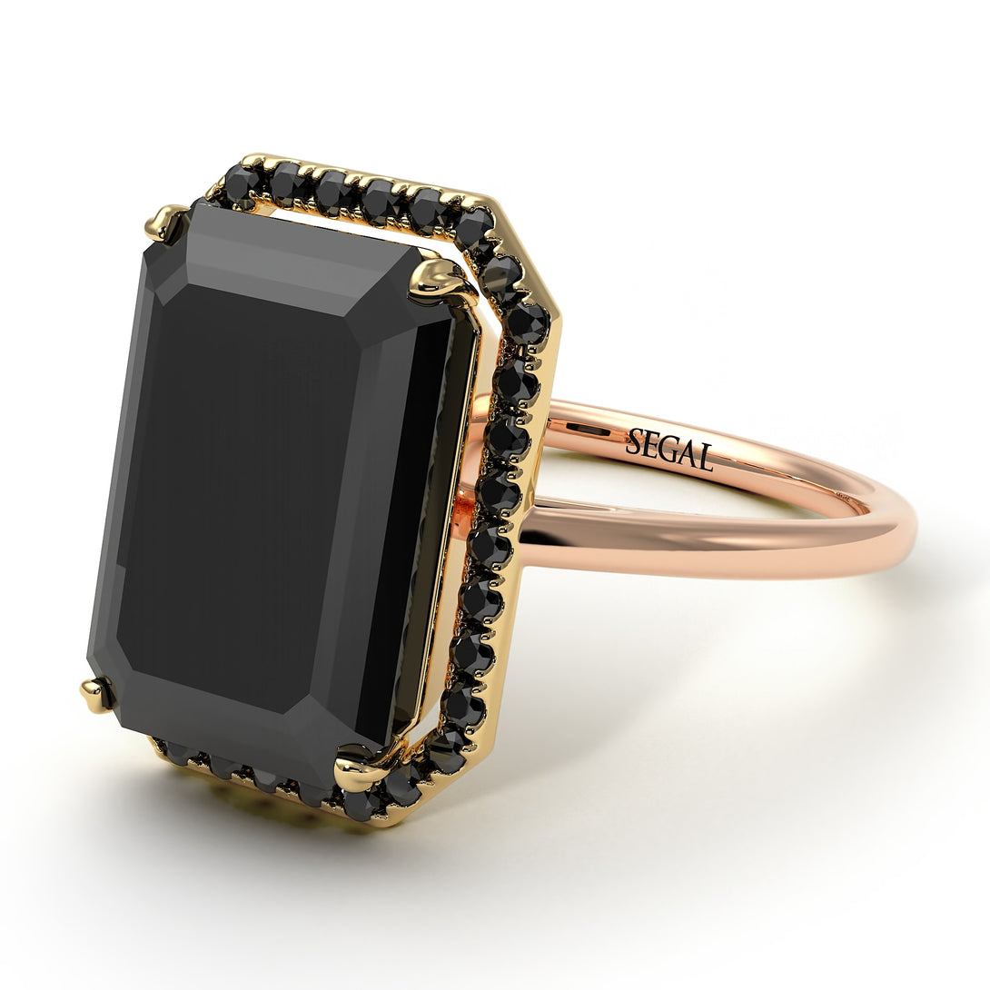 Two Tones Halo Emerald Cut Halo Black Diamond Engagement Ring - Izabella No. 79