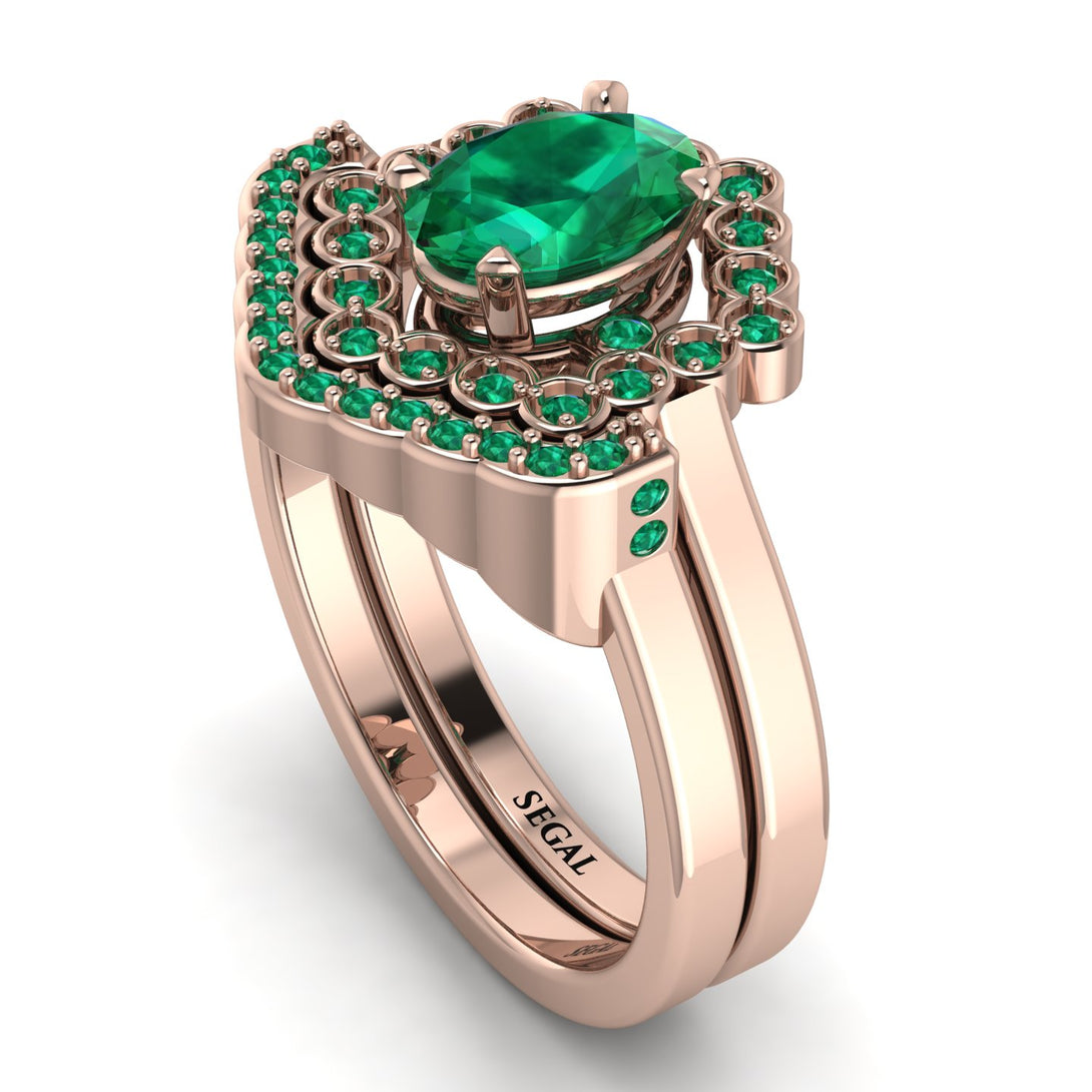 Honeycomb Halo Oval Emerald Bridal Set - Laura No. 20