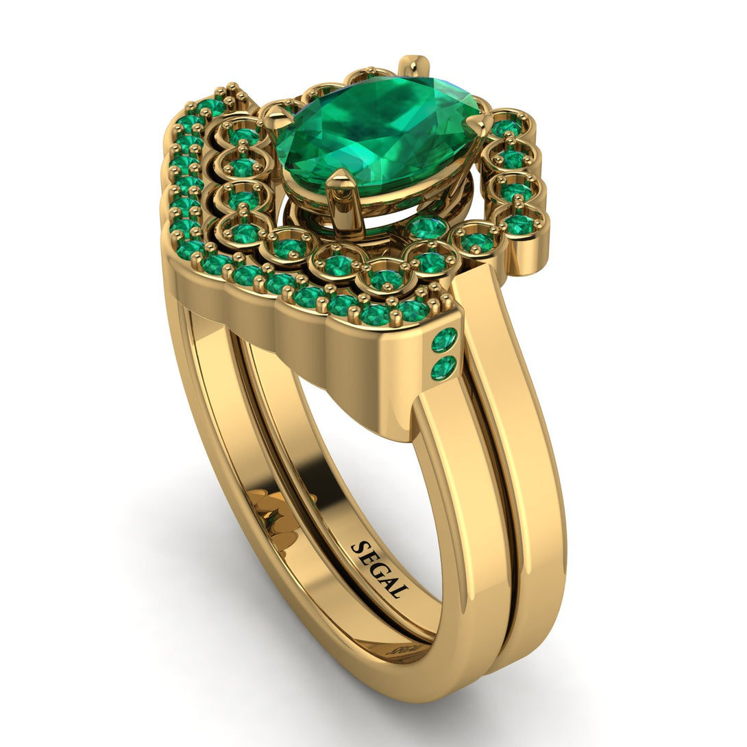 Honeycomb Halo Oval Emerald Bridal Set - Laura No. 19