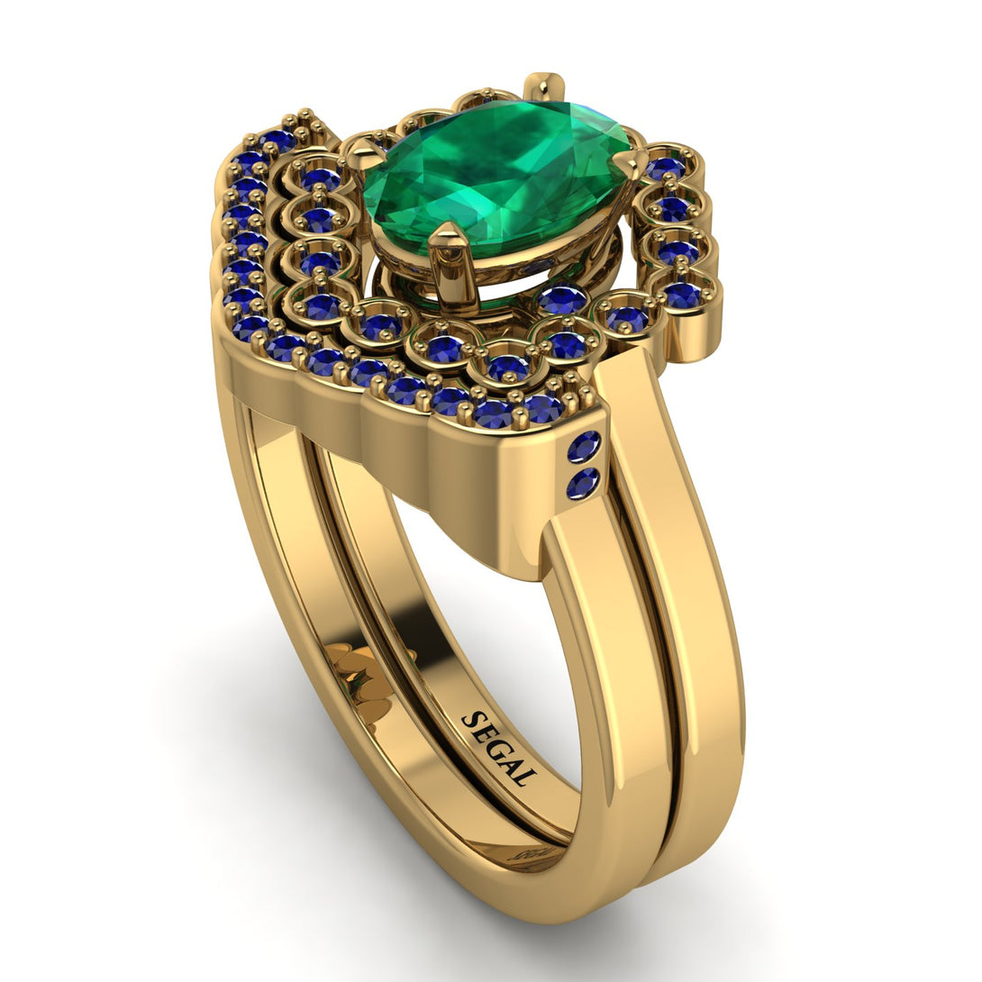 Honeycomb Halo Oval Emerald Bridal Set - Laura No. 64