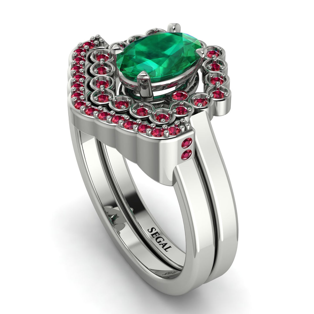 Honeycomb Halo Oval Emerald Bridal Set - Laura No. 51
