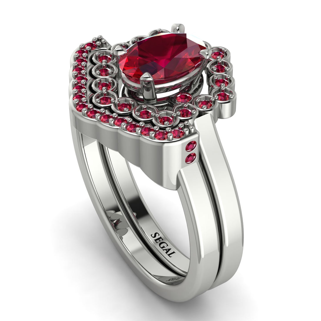 Honeycomb Halo Oval Ruby Bridal Set - Laura No. 57