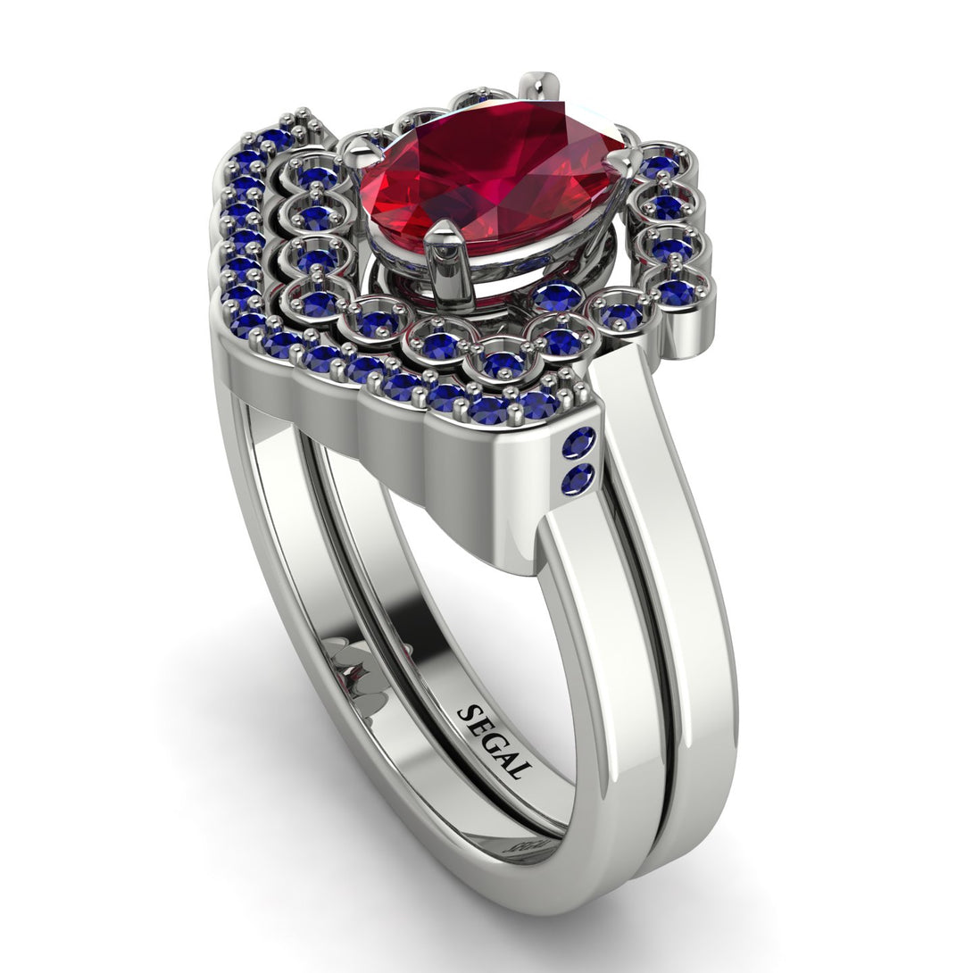 Honeycomb Halo Oval Ruby Bridal Set - Laura No. 72