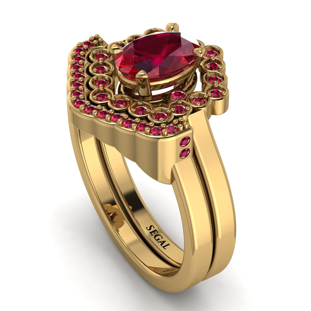 Honeycomb Halo Oval Ruby Bridal Set - Laura No. 55