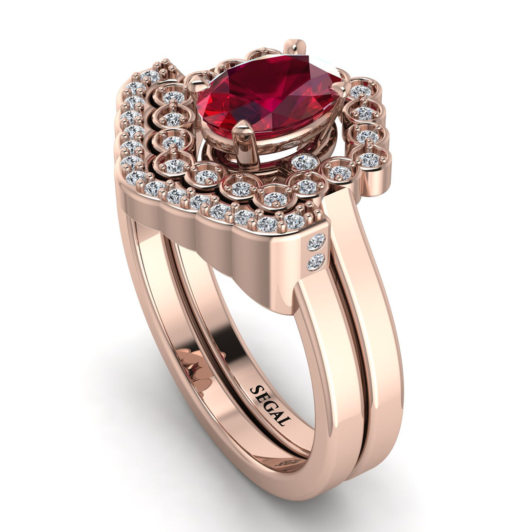 Honeycomb Halo Oval Ruby Bridal Set - Laura No. 11