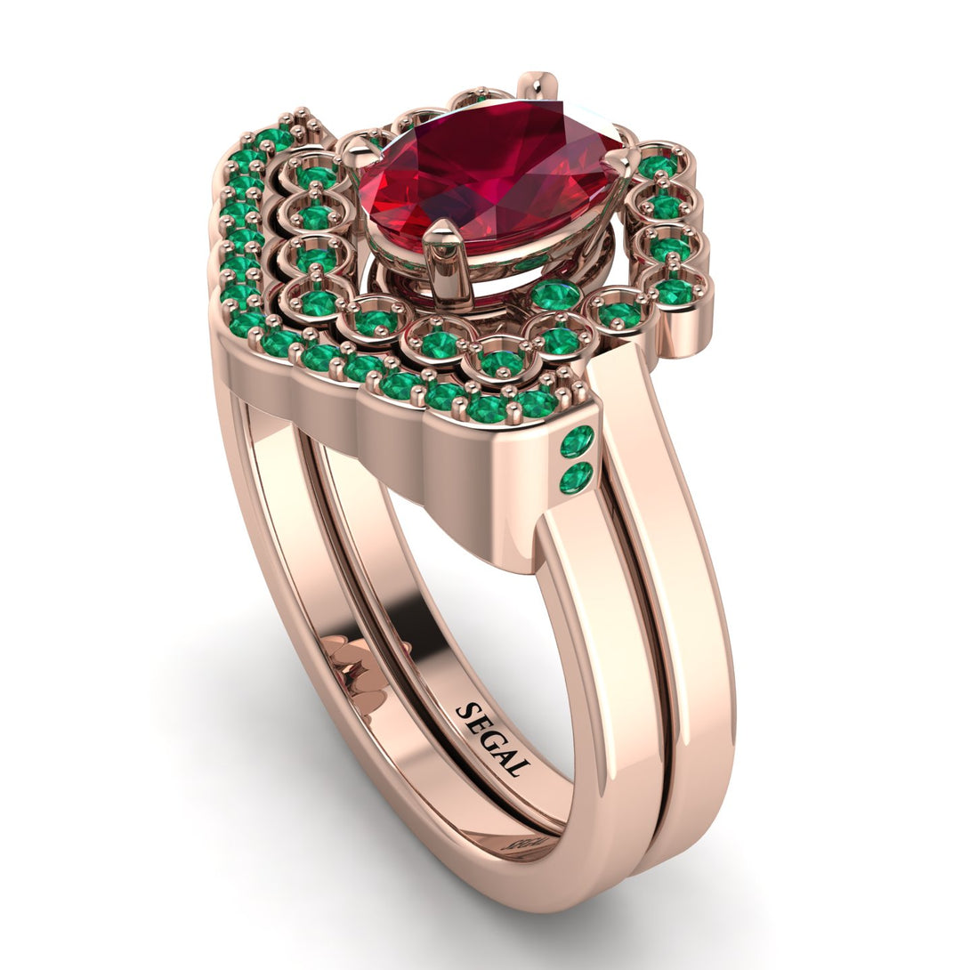 Honeycomb Halo Oval Ruby Bridal Set - Laura No. 26