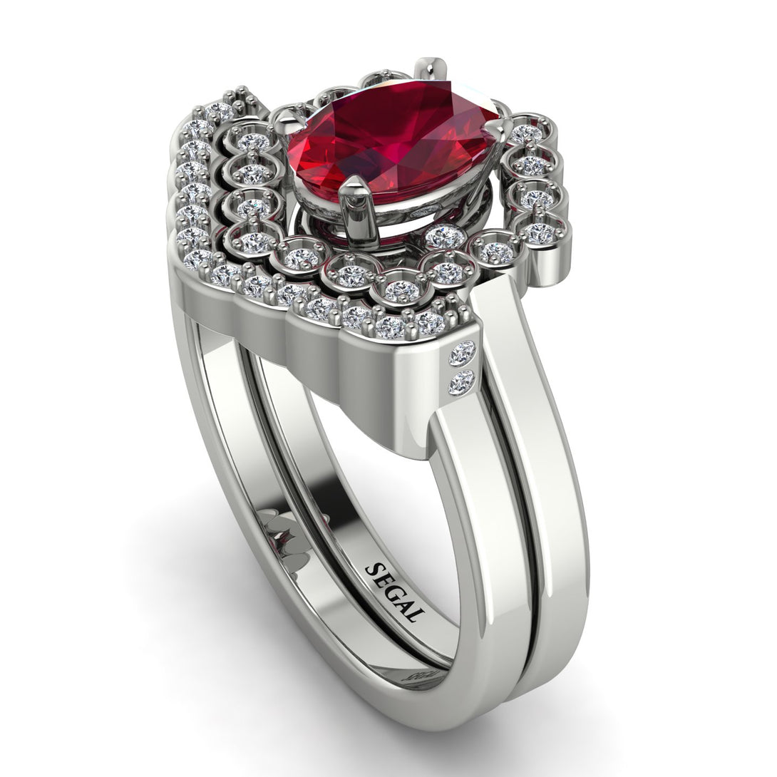 Honeycomb Halo Oval Ruby Bridal Set - Laura No. 12