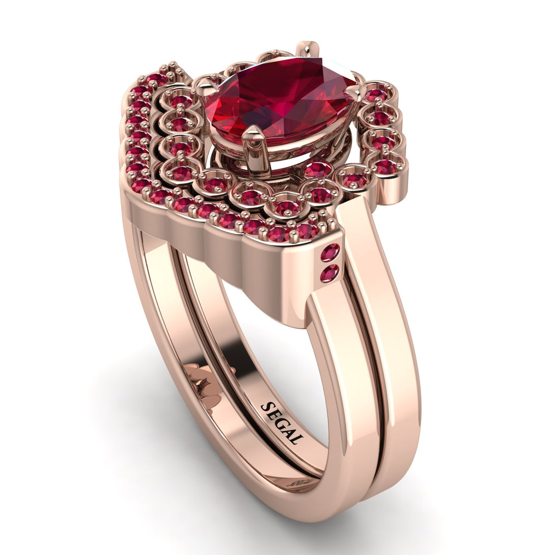 Honeycomb Halo Oval Ruby Bridal Set - Laura No. 56