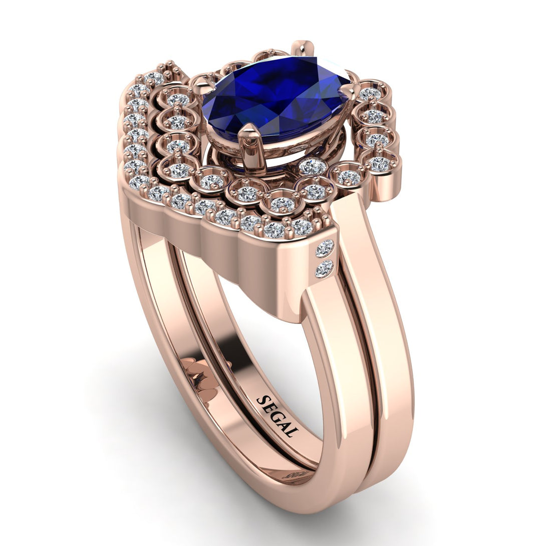 Honeycomb Halo Oval Sapphire Bridal Set - Laura No. 14